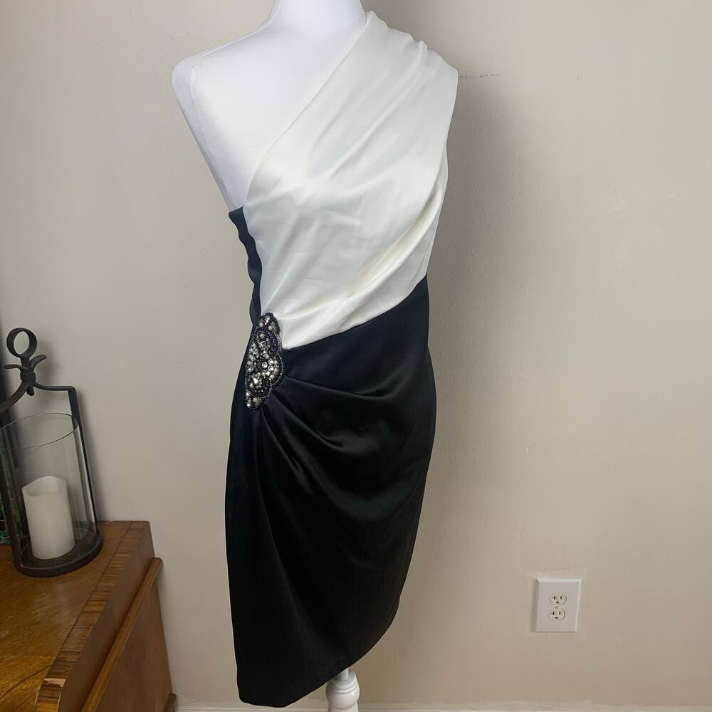 Jessica Howard One Shoulder Dress Sz 6 Black White Satin Beaded Cocktail Formal - Picture 2 of 10